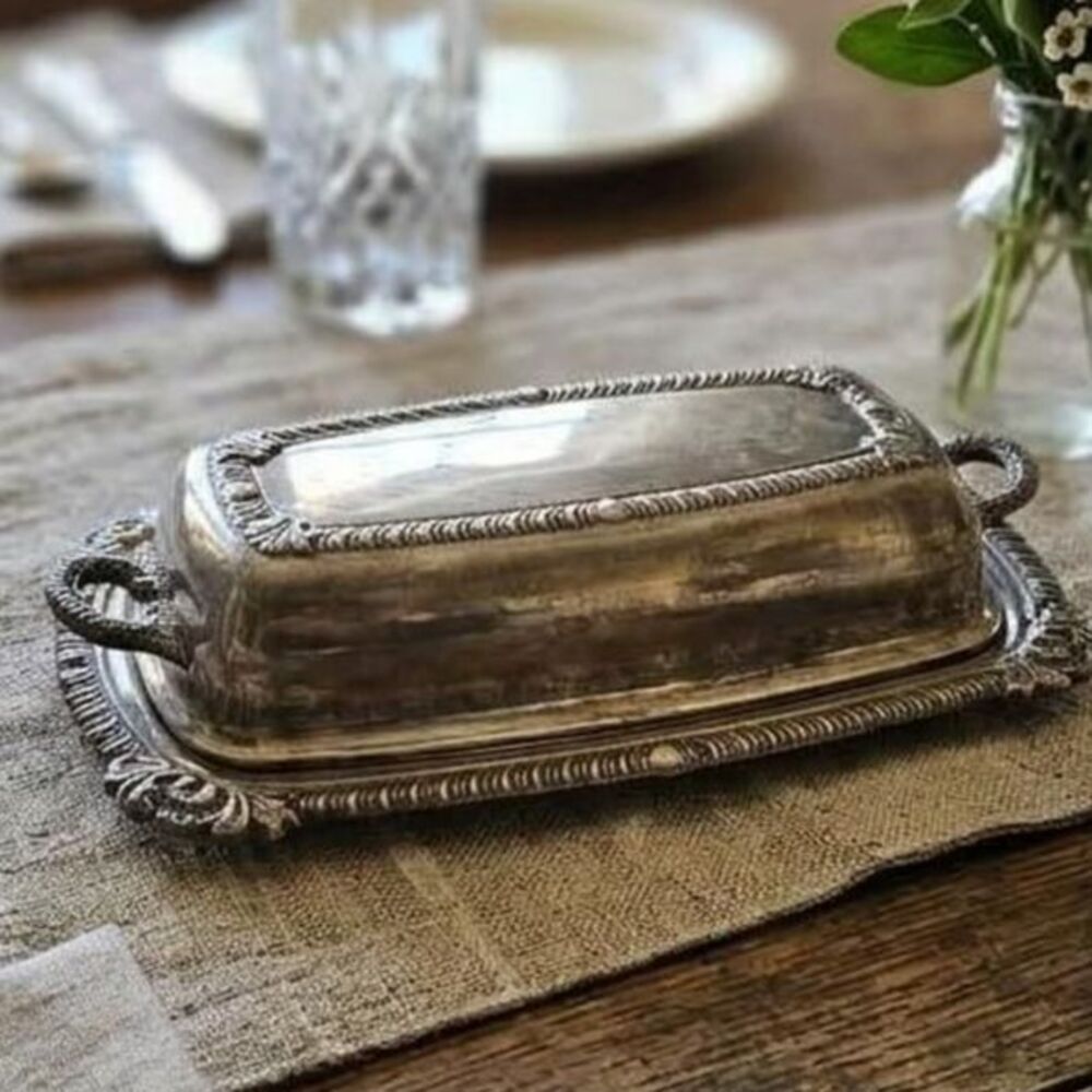 Vintage Ornate Silver Plated Covered Butter Dish Tray old country Regencycore